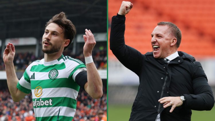 Split image of Nicolas Kühn celebrating after scoring Celtic’s second goal during the Scottish Premiership match against Dundee United, and Brendan...