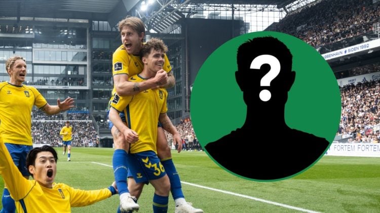 Brondby striker Mathias Kvistgaarden celebrates with his teammates after scoring against Copenhagen. An inset of a mystery man.