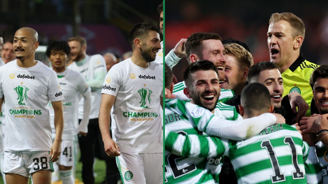 Daizen Maeda and Greg Taylor [L] celebrate winning the Scottish Premiership with Celtic in 2022. The Celtic team [R] celebrate together after winni...