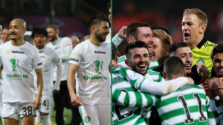 Daizen Maeda and Greg Taylor [L] celebrate winning the Scottish Premiership with Celtic in 2022. The Celtic team [R] celebrate together after winni...