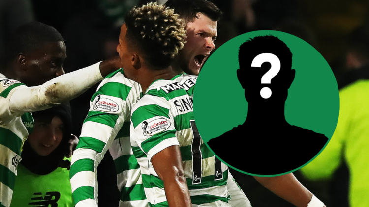 Oliver Burke celebrates scoring a goal for Celtic in 2019. An inset of a mystery figure