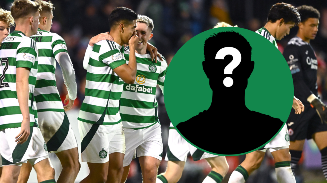 Luis Palma celebrates a goal with his Celtic teammates. An inset of a mystery figure.