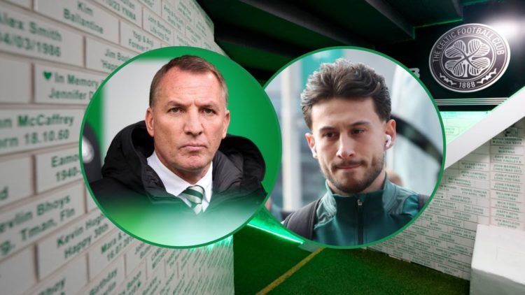 Brendan Rodgers and Nicolas Kuhn with Celtic Park interior background