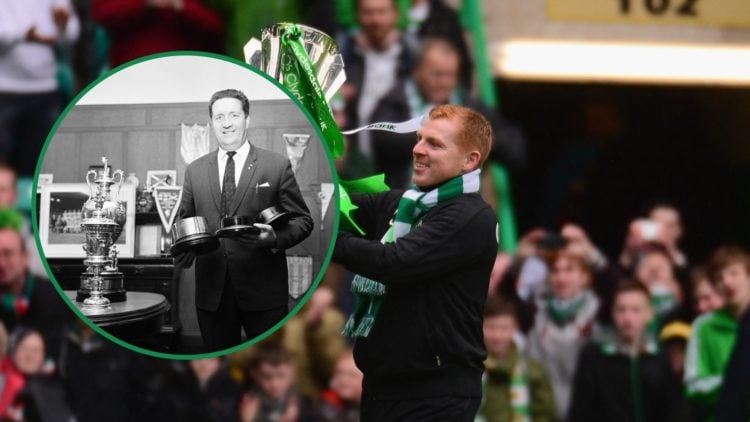 Celtic managers Jock Stein & Neil Lennon with trophies