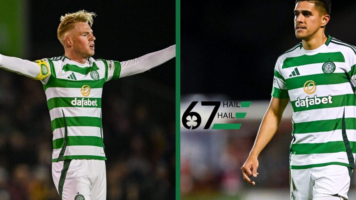 Stephen Welsh and Luis Palma in action for Celtic