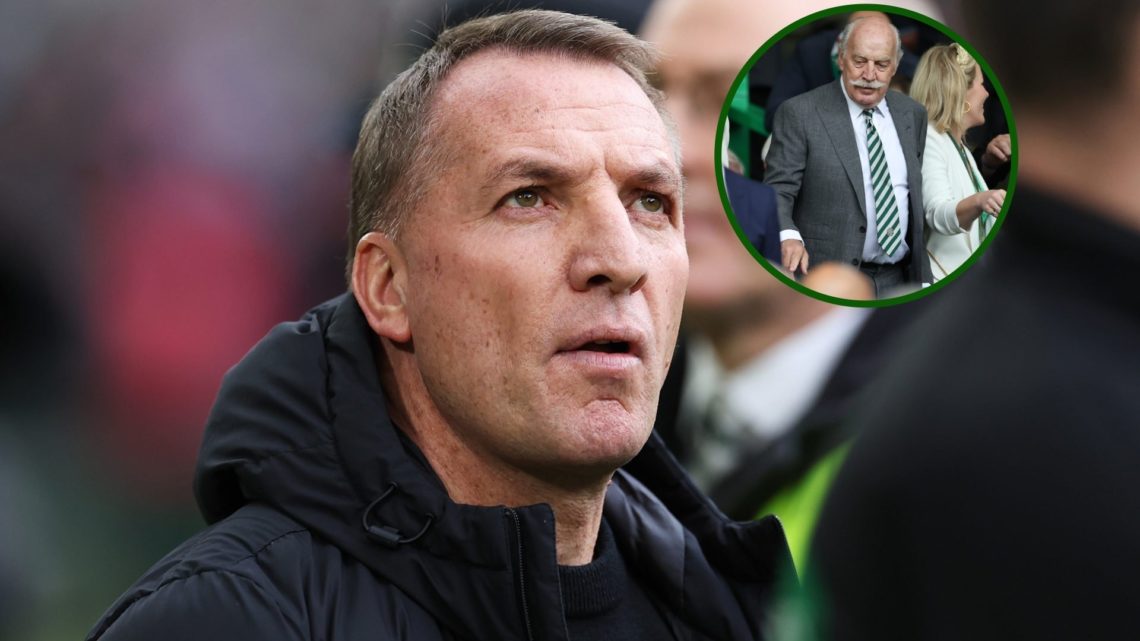Two-way image of Celtic manager Brendan Rodgers and majority shareholder Dermot Desmond looking down on him in an overlay