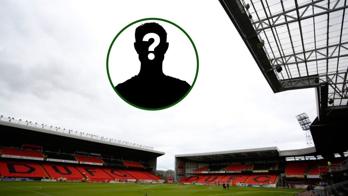 Two-way image of Dundee United's home ground with a blank silhouette of a Celtic supporting Dundee United legend