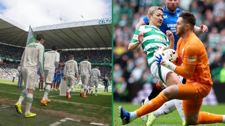 Celtic are given a guard of honour at Celtic Park, Daizen Maeda challenges for a ball with Jack Butland during Celtic vs Rangers