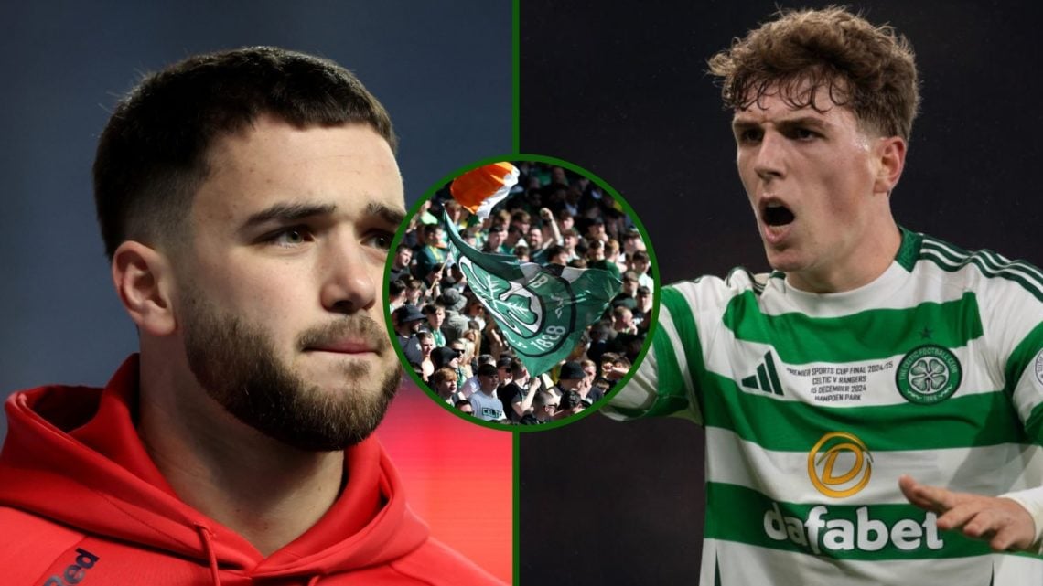 Three way image of Arne Engels, Rangers midfielder and Celtic supporters at Parkhead