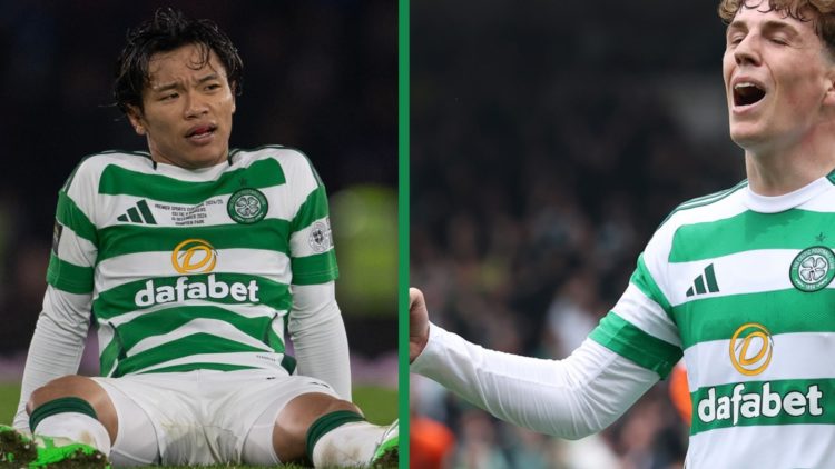 Reo Hatate sits on the pitch after being in action for Celtic, as Arne Engels holds up his hands