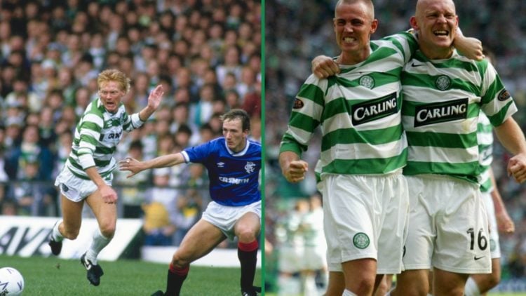 Mo Johnston chases the ball during Celtic vs Rangers, Kenny Miller celebrates scoring for Celtic with Thomas Gravesen