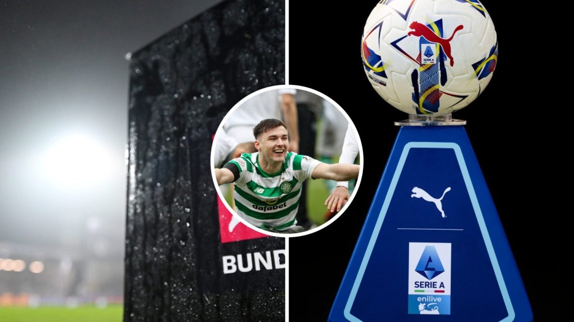 Split image - Kieran Tierney celebrating a win at Celtic inset with Bundesliga and Serie A logo
