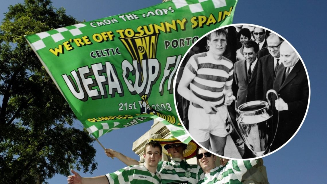 Celtic fans before 2003 UEFA Cup final with Billy McNeill inset