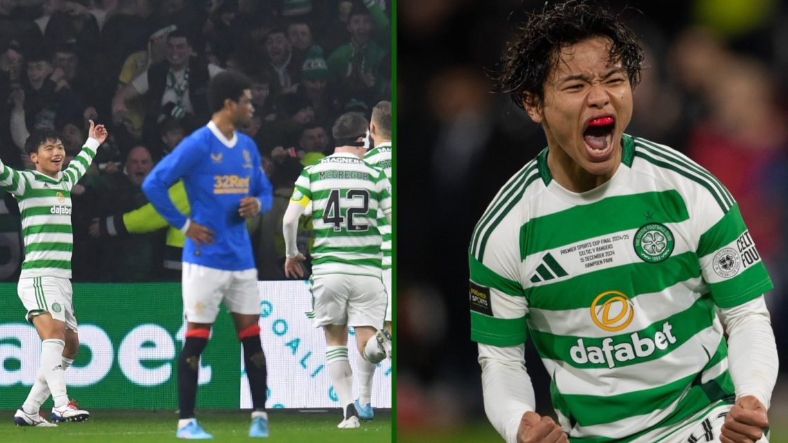 Split image of Celtic hero Reo Hatate in wins against Rangers in the Scottish Premiership and the Scottish League Cup.