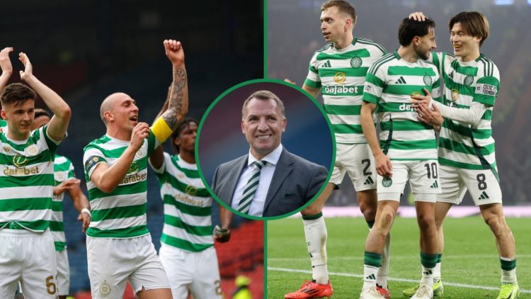 Scott Brown [L] celebrates with Celtic players in Scottish Cup semi-final, inset of Brendan Rodgers after Scottish Cup semi-final, Nicolas Kuhn cel...