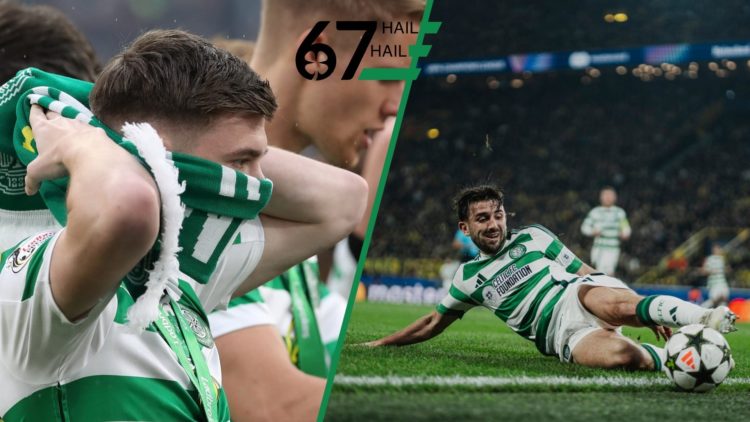 Kieran Tierney celebrating Celtic's Premiership title win and Greg Taylor in action for Celtic in the Champions League.