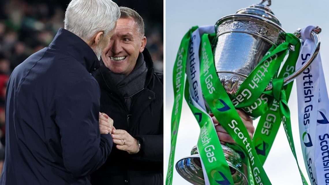 Split image - Jim Goodwin chatting to Brendan Rodgers at Celtic Park with the Scottish Cup