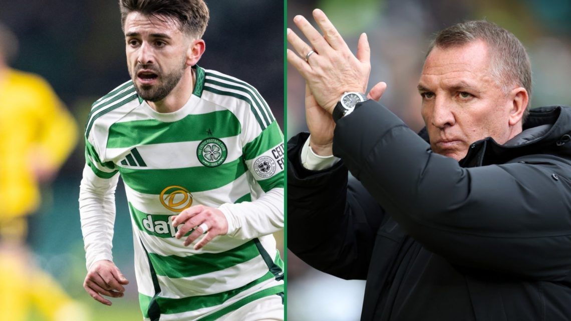 Split image, Greg Taylor playing for Celtic. Brendan Rodgers, Celtic manager, applauding the fans.