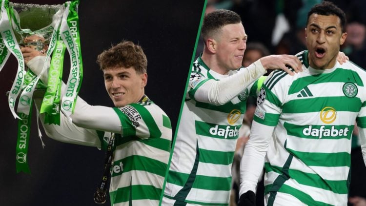 Split image, Celtic's Arne Engels holding a trophy. Celtic player Callum McGregor celebrating with Adam Idah.