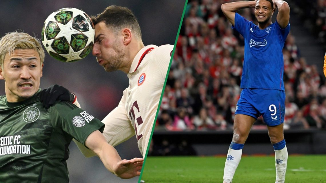 Split image, Celtic's Daizen Maeda competes with Bayern Munich's Leon Goretzka for a header in the Champions League. Rangers' Cyriel Dessers in Eur...