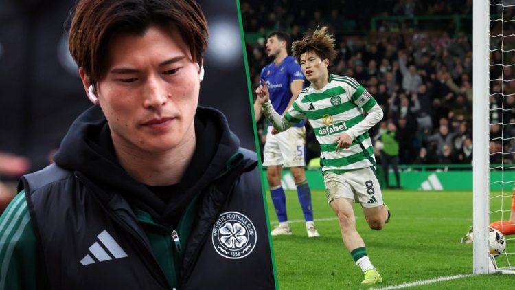 Split image, Kyogo Furuhashi in a Celtic tracksuit. Kyogo Furuhashi celebrating a goal for Celtic.