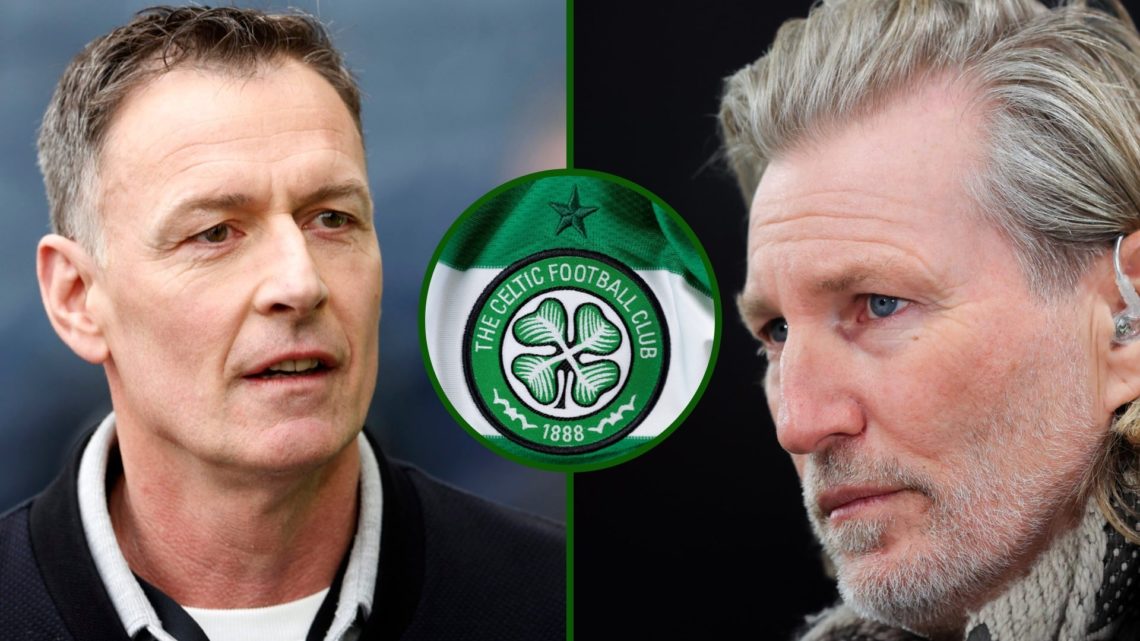 Three way image of Chris Sutton and Robbie Savage with an overlay of a Celtic badge.