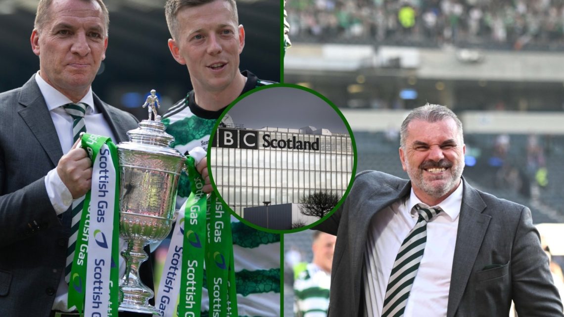 Three way image - Celtic boss Brendan Rodgers and Ange Postecoglou holding the Scottish Cup with an overlay of BBC Scotland studio