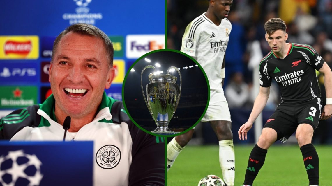 Three way image of Brendan Rodgers' in a Champions League press conference with Kieran Tierney in action for Arsenal vs Real Madrid and an overlay ...