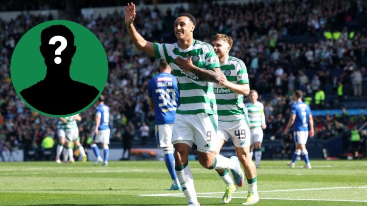 Celtic forward Adam Idah celebrates scoring in the Scottish Cup semi-final, an inset of a mystery man