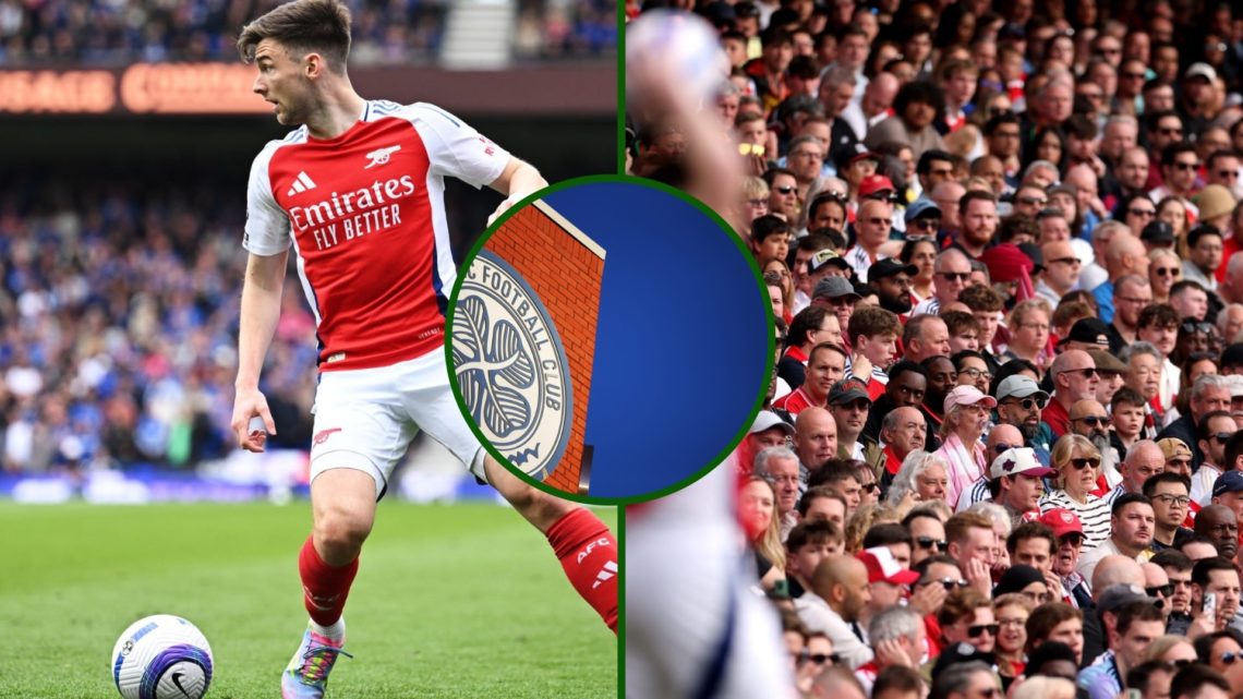 Three way image of Kieran Tierney in action for Arsenal vs Ipswich Town with an overlay of the Celtic badge.