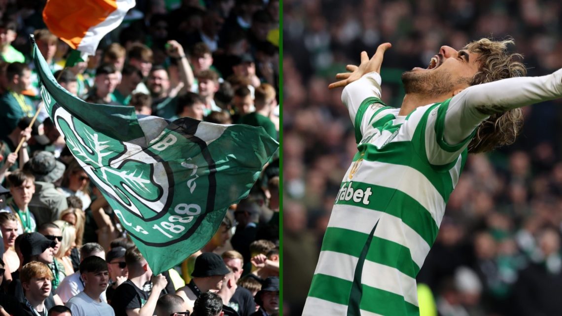 Split image of Celtic hero and Celtic fans at Hampden in the Scottish Cup semi-final vs St Johnstone.