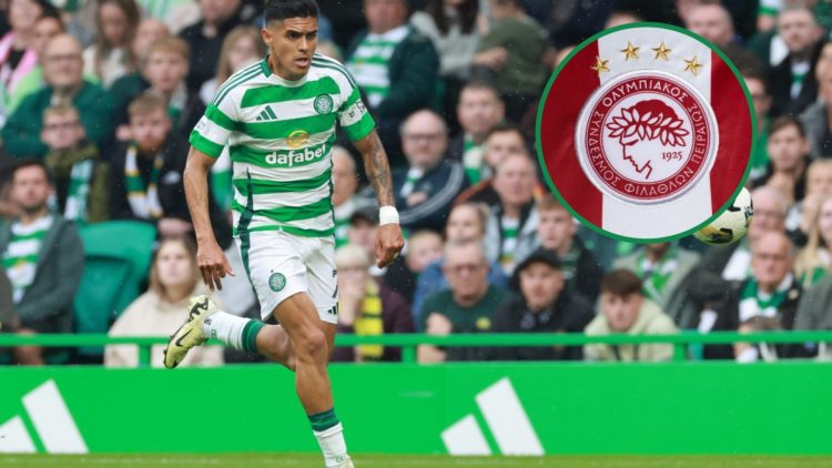 Luis Palma in action for Celtic, inset of the Olympiacos badge on a shirt