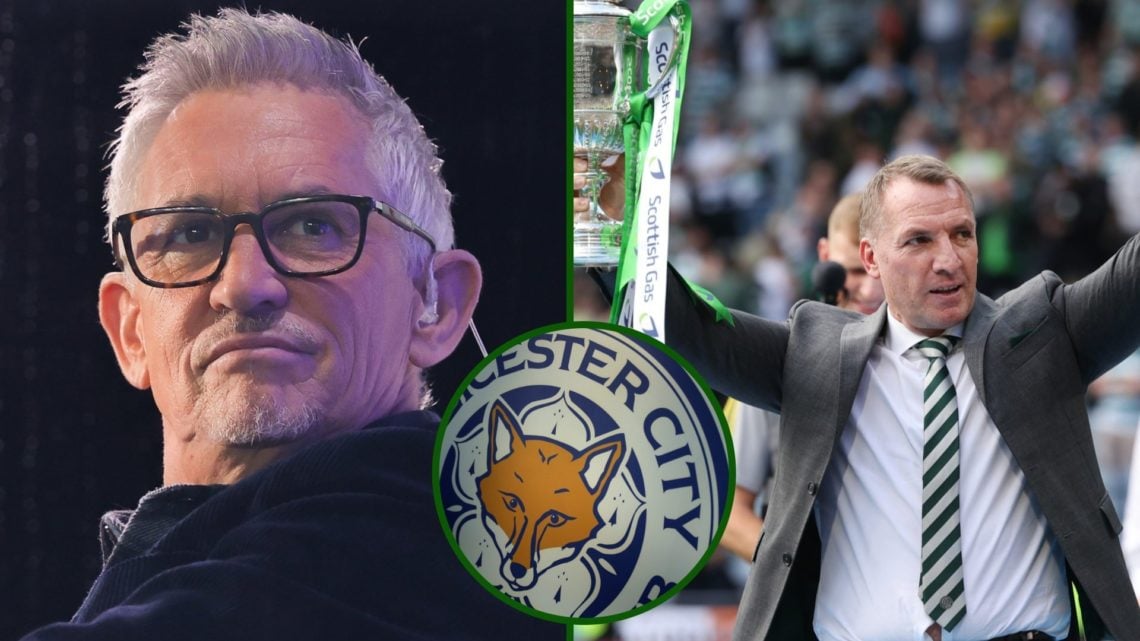 Three way image of Gary Lineker, Celtic manager Brendan Rodgers and an overlay of the Leicester City badge.