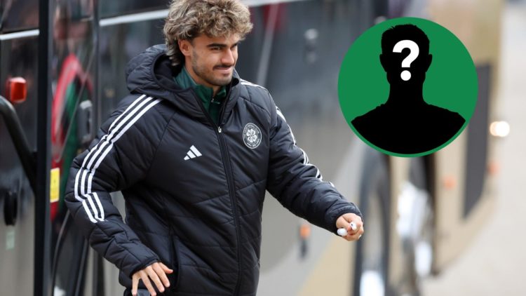 Celtic's Jota arrives at Celtic Park for a match, an inset of a mystery man