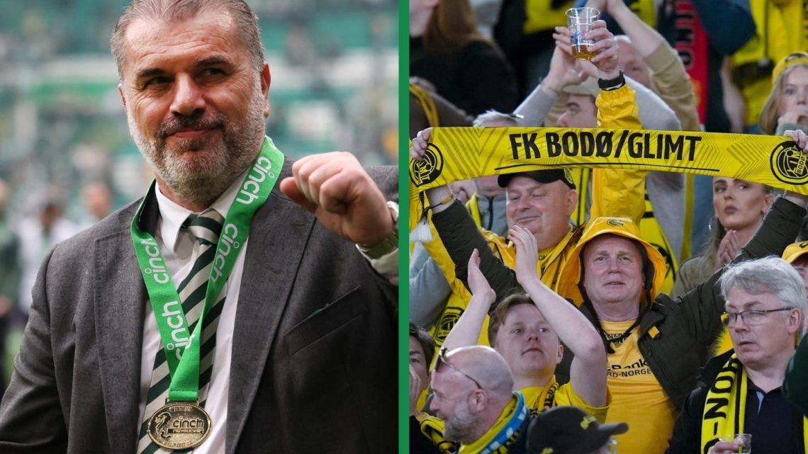 Ange Postecoglou celebrating the Premiership title with Celtic and Bodo Glimt supporters in the Europa League