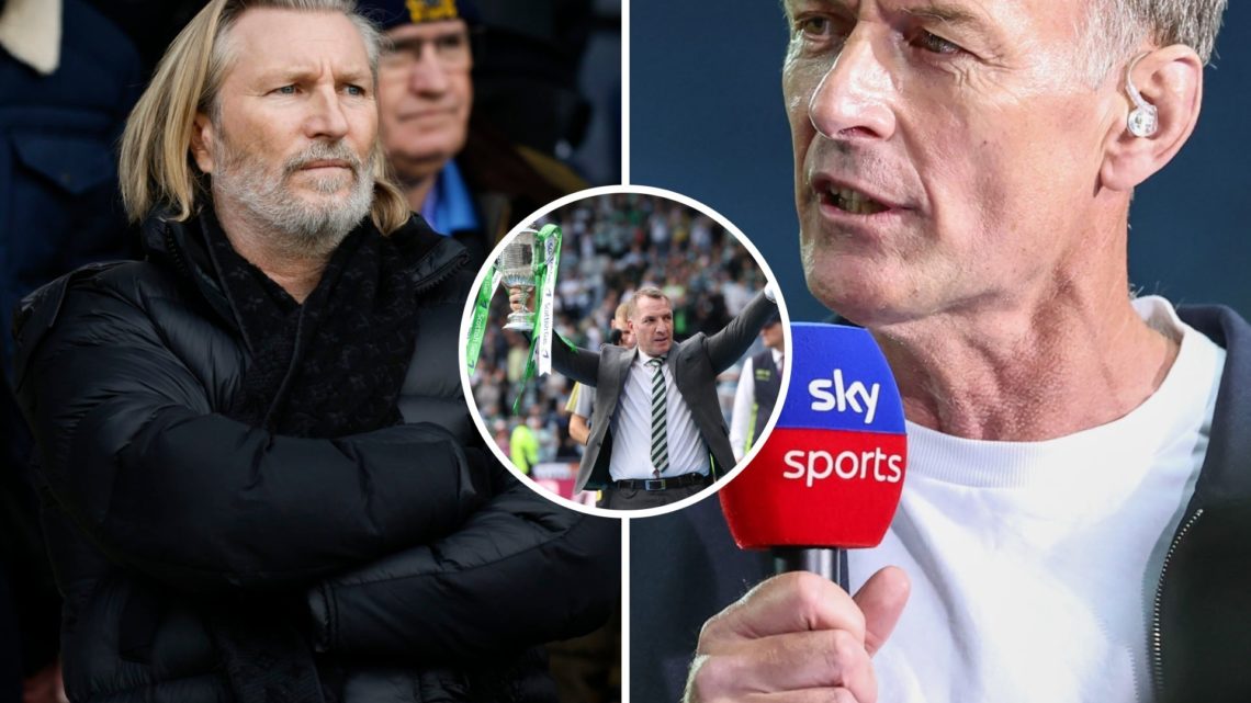 Three way image of Robbie Savage, Chris Sutton and Celtic manager Brendan Rodgers enjoying 2024 Scottish Cup win