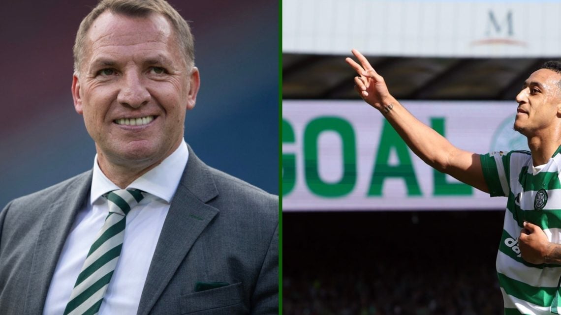 Split image of Celtic striker Adam Idah celebrating Scottish Cup goal against St Johnstone as Brendan Rodgers smiles away inside Hampden