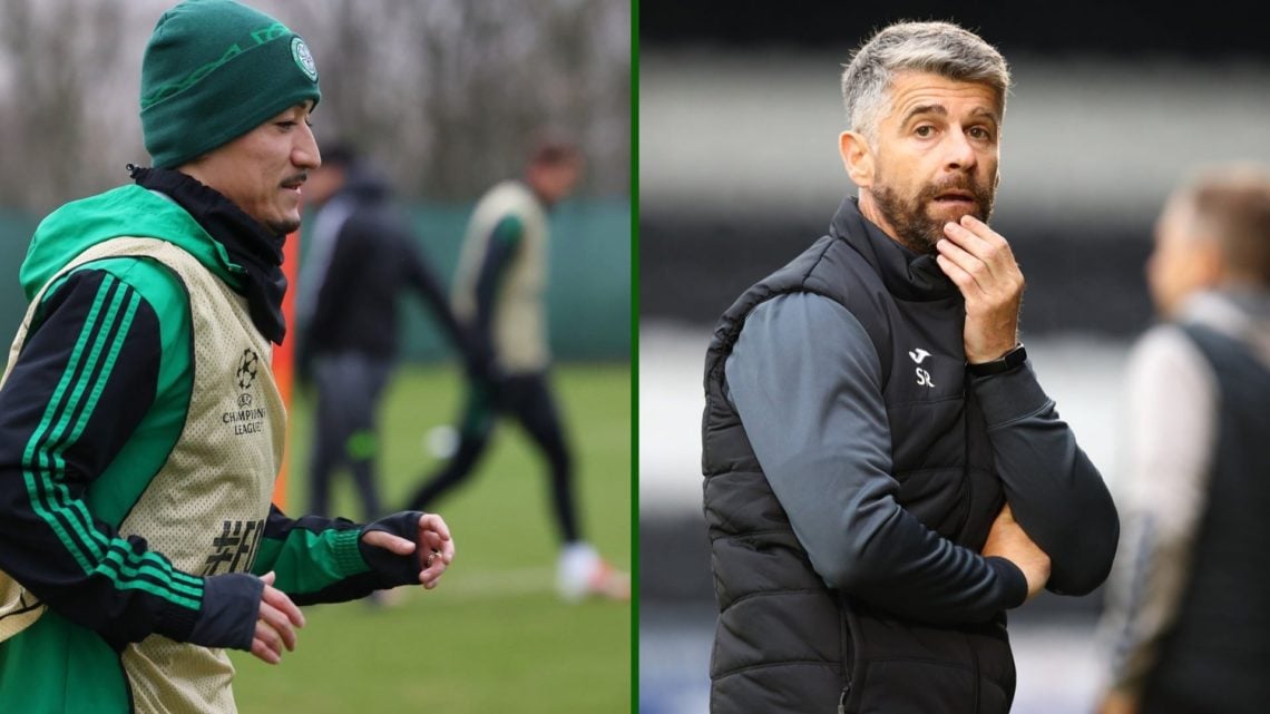 Split image of Celtic striker Daizen Maeda in training with St Mirren boss Stephen Robinson