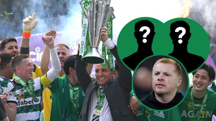 Celtic manager Brendan Rodgers celebrates the Scottish Premiership title, inset of Neil Lennon managing and two mystery men