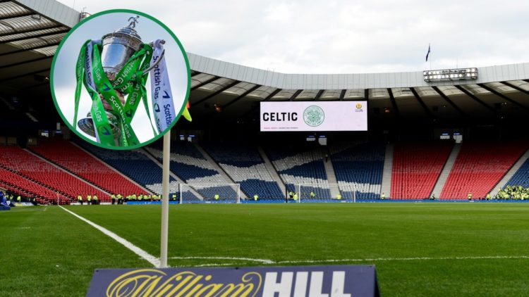 A general view of Hampden Park before the Scottish Cup semi-final, inset of the Scottish Cup trophy