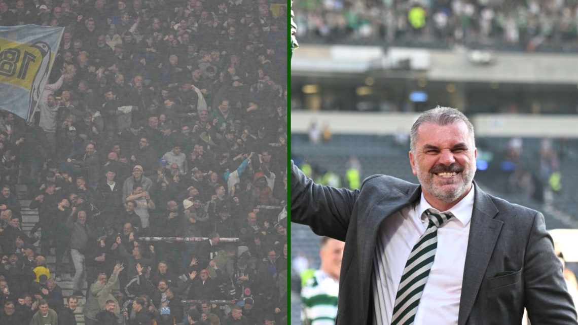 Split image of Tottenham Hotspur fans at Eintracht Frankfurt and Ange Postecoglou enjoying a Scottish Cup win at Celtic.