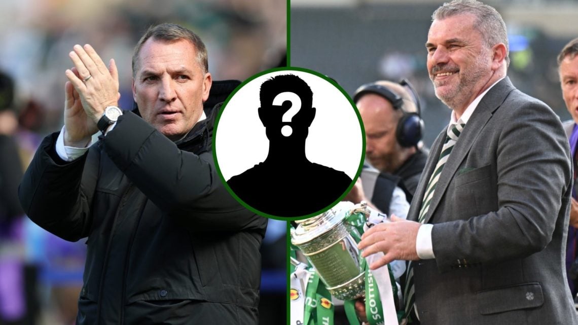 Three way image of Celtic boss Brendan Rodgers and Ange Postecoglou at Celtic Park with a mystery face overlay