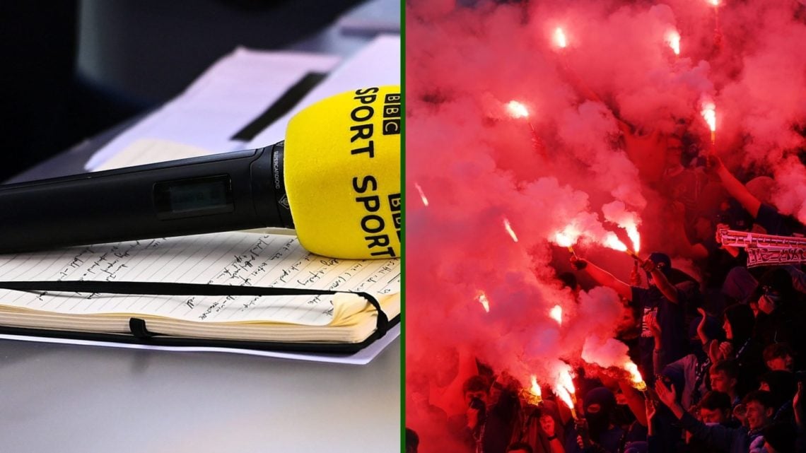 Split image of a BBC microphone beside St Johnstone fans at the Scottish Cup semi-final vs Celtic