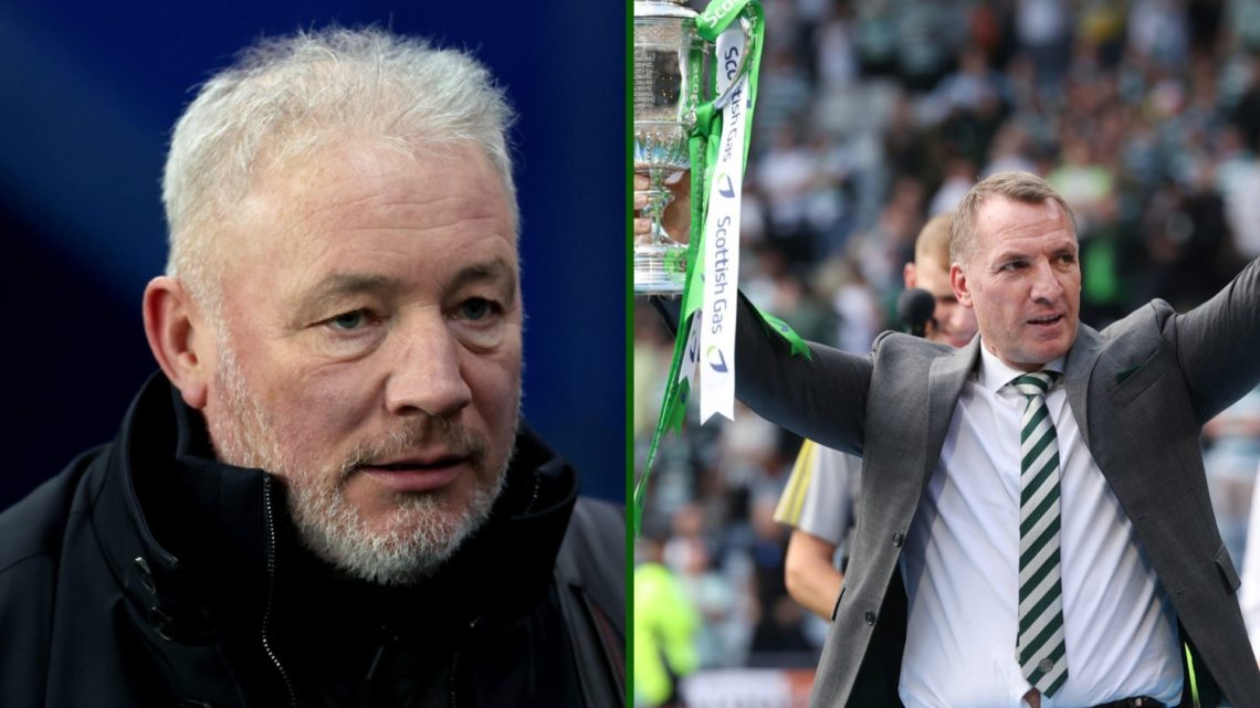 Split image of Ally McCoist looking glum and Celtic manager Brendan Rodgers holding the Scottish Cup