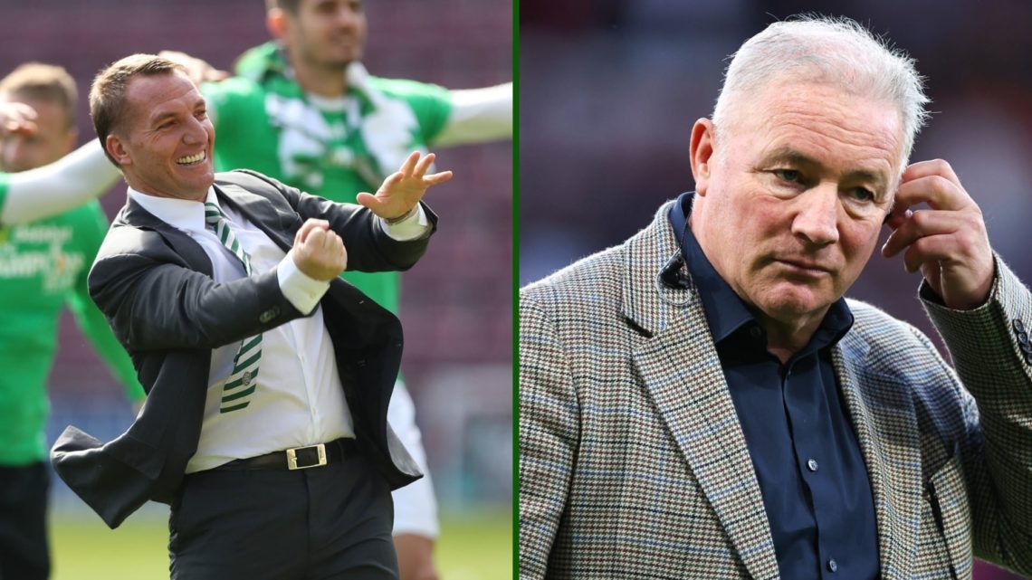 Split image of Celtic boss Brendan Rodgers enjoying a title win and Rangers legend Ally McCoist looking glum.