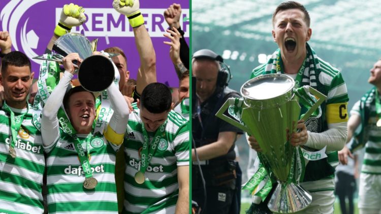 Callum McGregor and his Celtic teammates lift the Scottish Premiership title, Callum McGregor celebrates the Scottish Premiership trophy with the fans