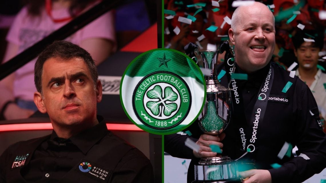 Three way image of snooker legend Ronnie O'Sullivan at the 2025 World Snooker Championship at the Crucible, John Higgins and an overlay of the Celt...
