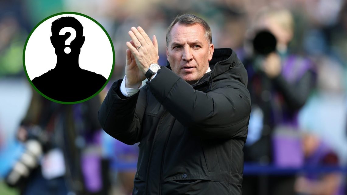 Two way image of Celtic boss Brendan Rodgers at Hampden with an overlay of a mystery face