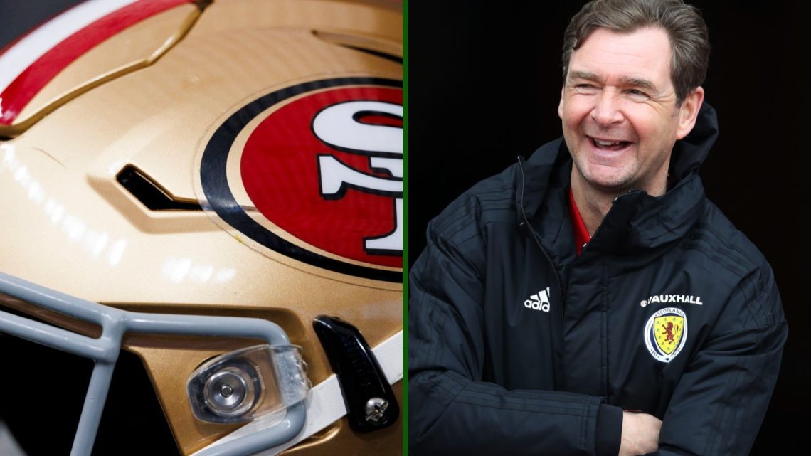 Split image of Celtic hero Peter Grant and a San Francisco 49ers helmet