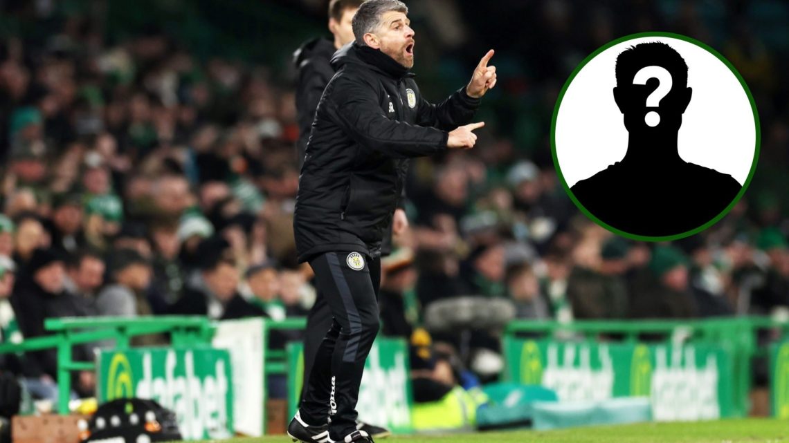Image of Stephen Robinson managing St Mirren at Celtic Park with an overlay of a mystery player